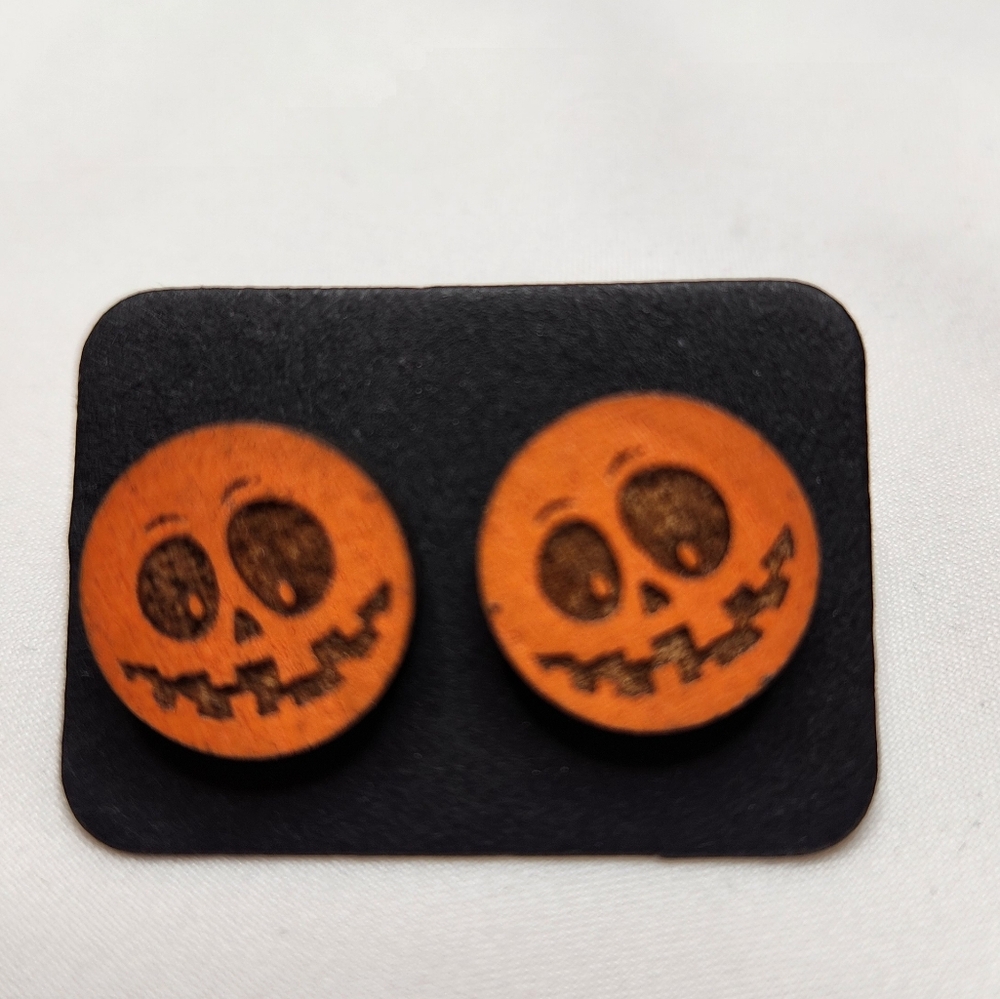 Halloween Pumpkin Face Orange Earrings Wooden NWOT